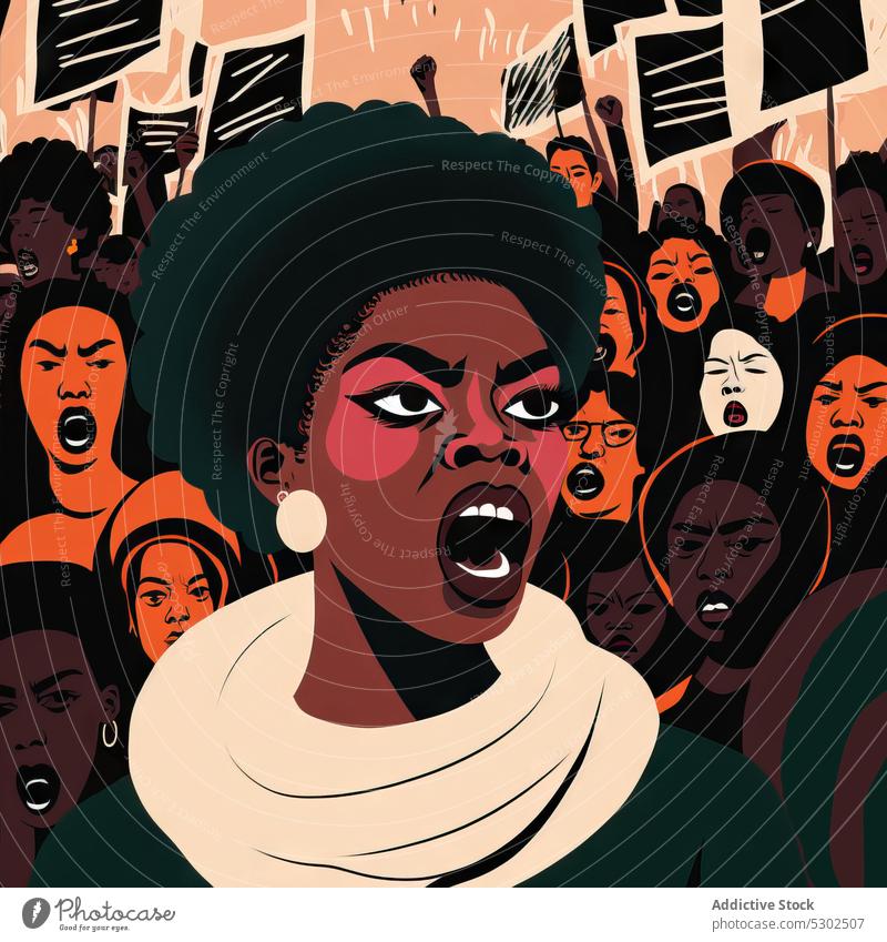 Black women on strike with placard woman activist feminism aggressive protest feminist shout scream human rights colorful female demonstrate ethnic illustration