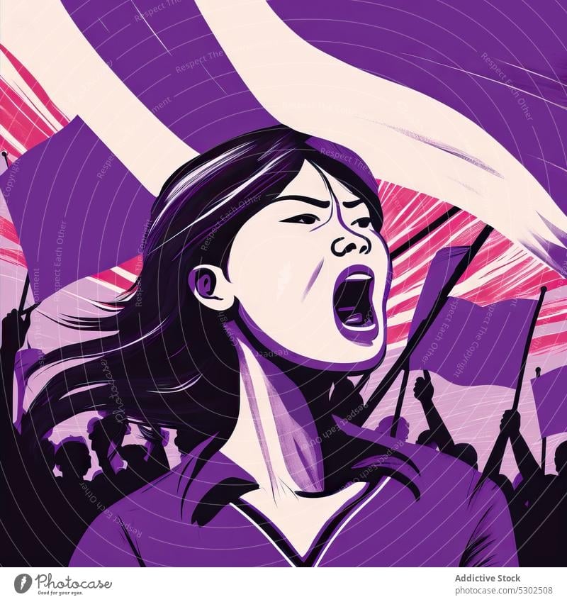 Ethnic woman shouting during demonstration scream protest rally politic conflict human rights crowd flag women silhouette campaign asian people activist ethnic