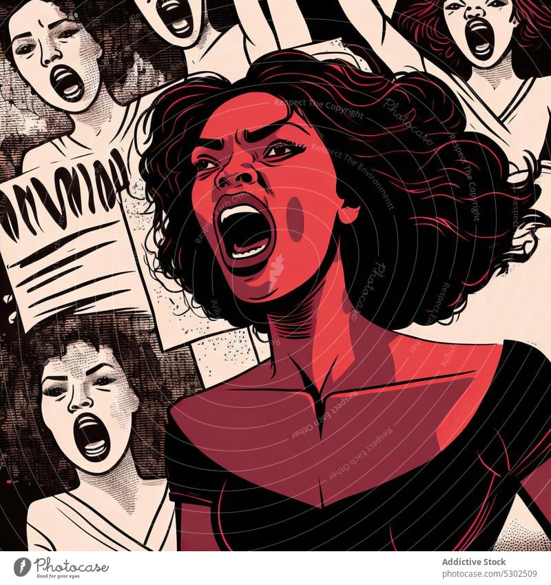 Angry women on demonstration protester activist placard conflict scream shout angry aggressive feminism problem yell female human rights rival illustration