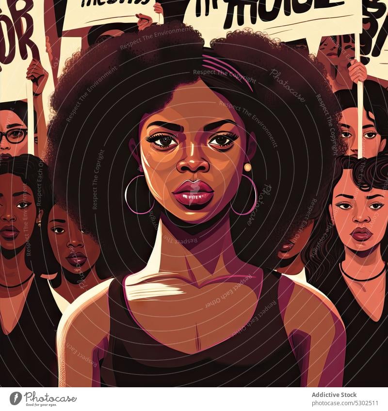 Black women with placards on demonstration woman calm activist demonstrate human rights rally banner protest crowd activism equal justice racism democracy