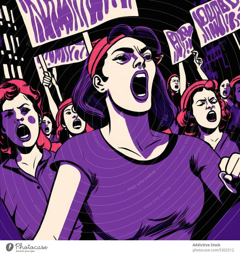 Screaming women on strike with placards scream shout activist protester demonstration rally women rights human rights campaign woman female illustration unity