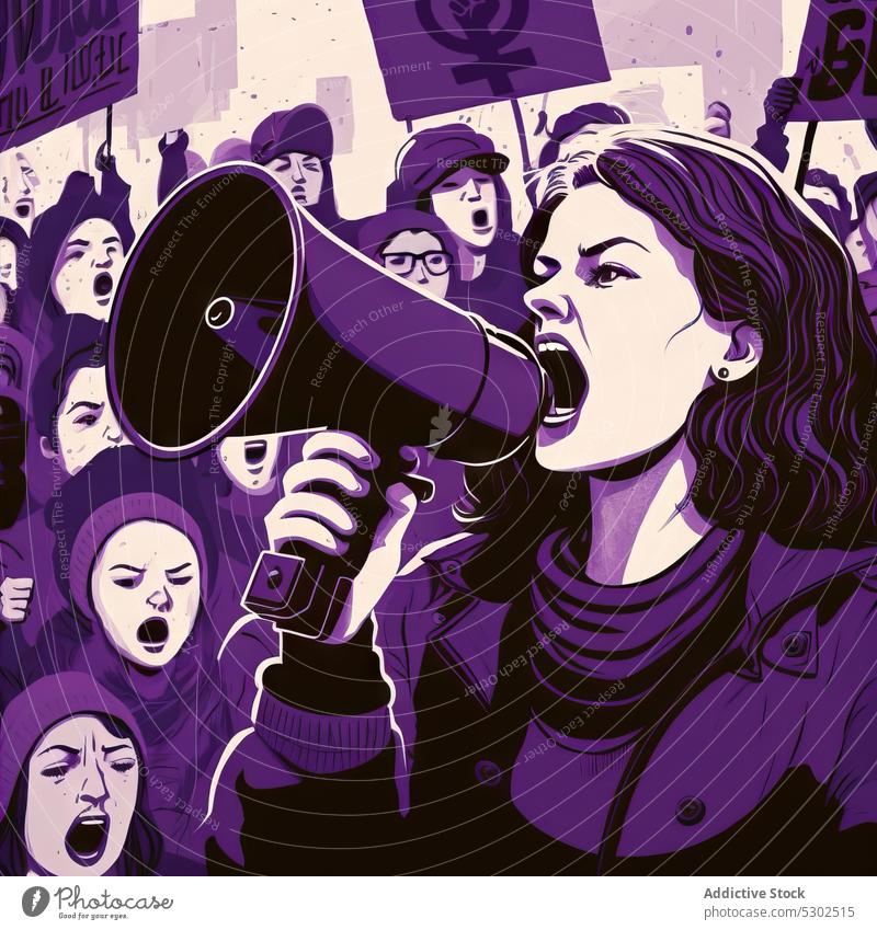 Woman with loudspeaker near crowd of protesters woman furious determine shout scream megaphone strike aggressive angry announce activist human rights disagree
