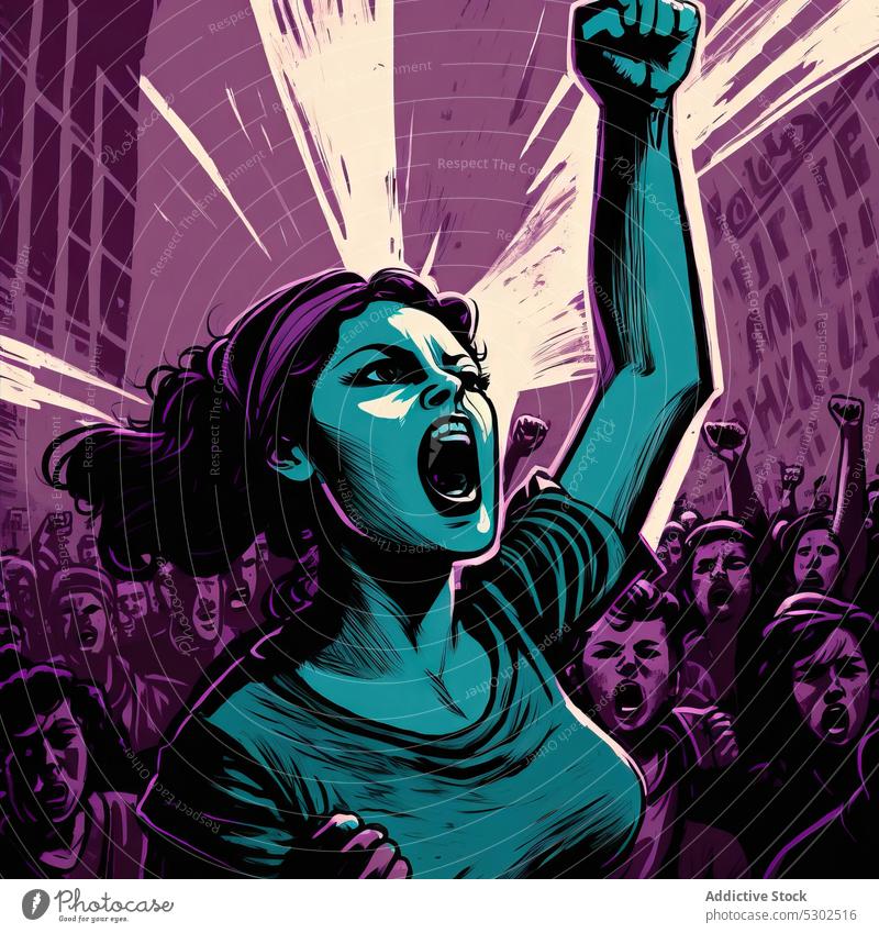 Female leader of strike near crowd woman activist scream fist up protest protester city street justice human rights equal activism rebel placard politic shout
