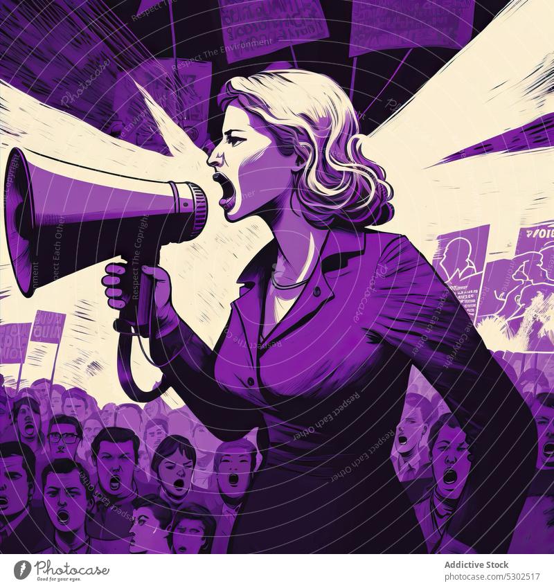 Woman with loudspeaker near crowd of protesters woman furious determine shout scream blond megaphone strike aggressive angry announce activist human rights