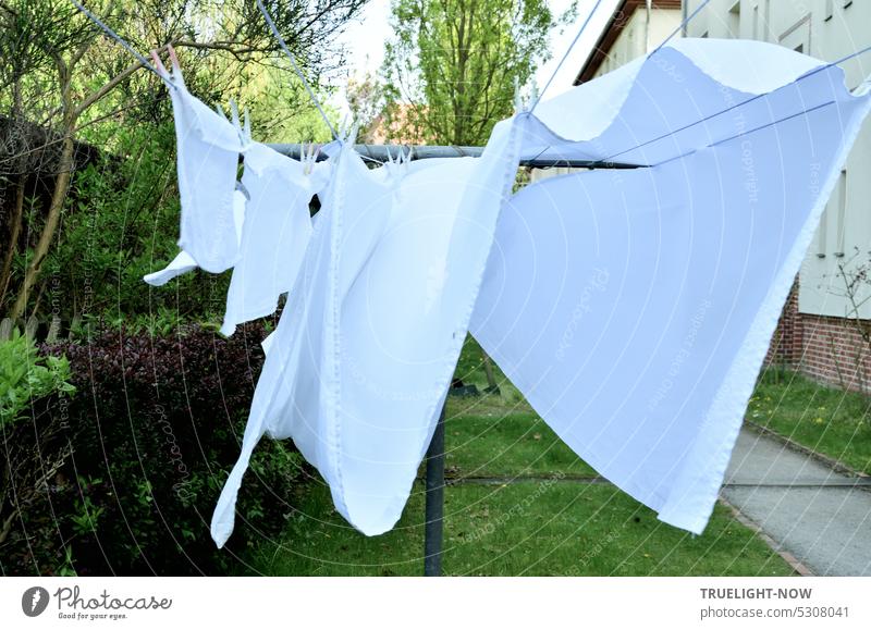 On the clothesline between the house and the garden hangs laundry and the wind blows Laundry freshly laundered out Dry Washing day Living or residing