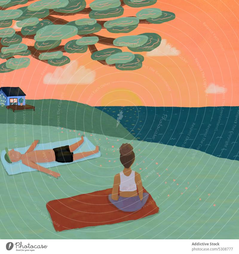 Illustration of couple enjoying sunset on green shore relax rest zen river yoga practice illustration summer man woman river bank admire hill asana lotus pose