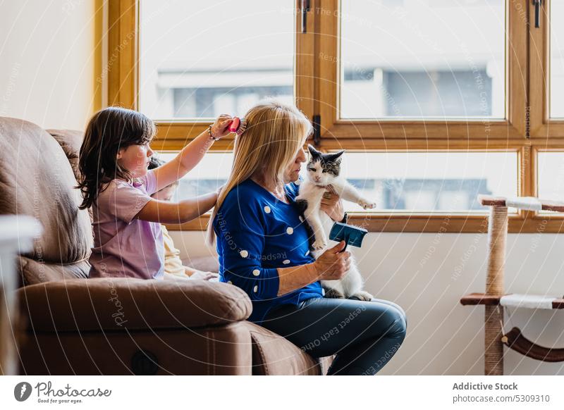 Focused girl brushing hair of woman with cat daughter mother living room child care together home sofa parent focus adorable cute kid childhood domestic