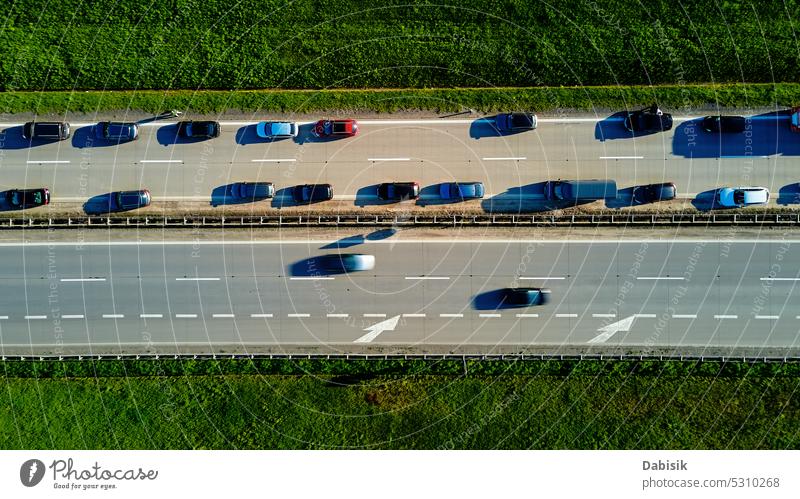 Traffic jam on highway A4 in Poland, aerial view traffic road car accident rush hour busy autobahn countryside transportation drive vehicle freeway travel tree