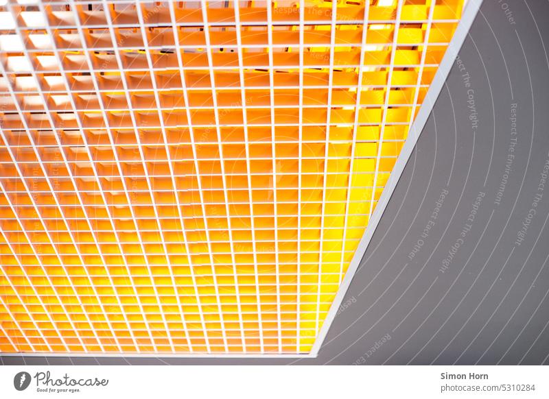 Ceiling lighting with gradient and grid Color gradient Lighting Lighting design Blanket Skylight Yellow Sunset Grating colour spectrum Artificial light