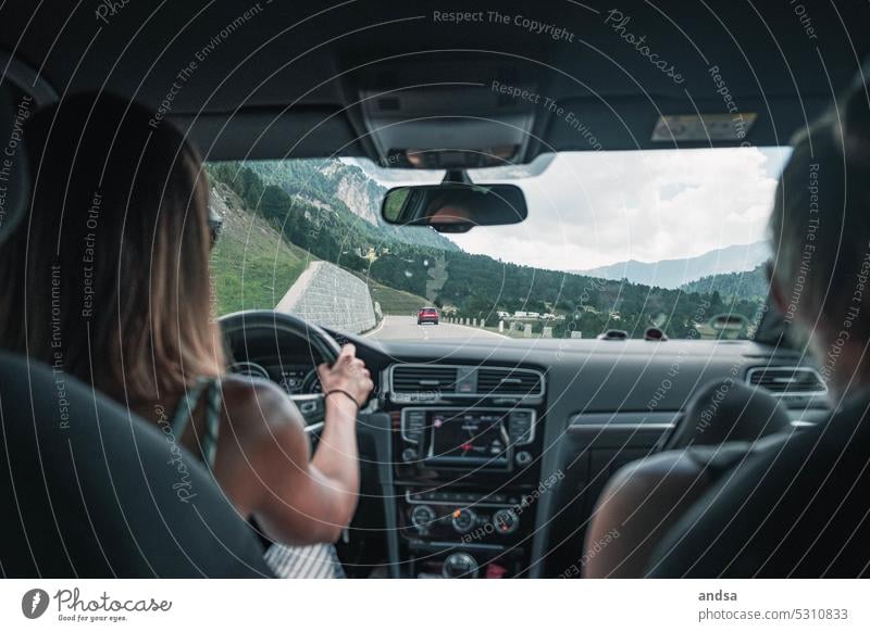 Ride in the car in the mountains Vehicle interior Car Mountain hike Hiking vacation Nature travel road trip Adventure voyage Transport Curve Pass Street