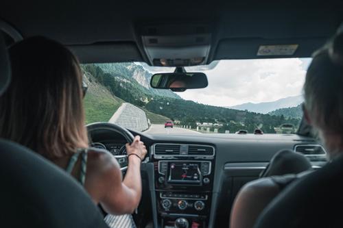Ride in the car in the mountains Vehicle interior Car Mountain hike Hiking vacation Nature travel road trip Adventure voyage Transport Curve Pass Street