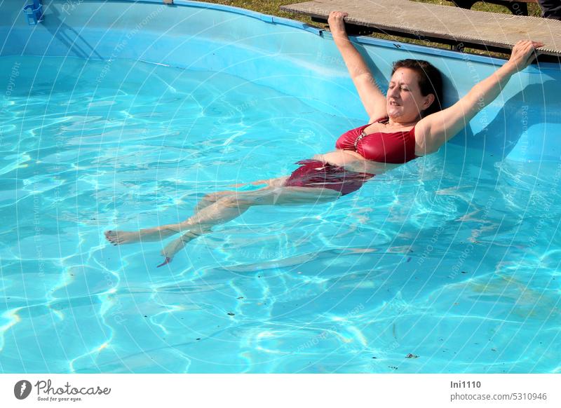 MainFux-UT |Badenixe Beautiful weather Wellness Water swimming pool blue pool bathing pleasures Human being Adults Woman Naiad female body Swimwear Red Bikini