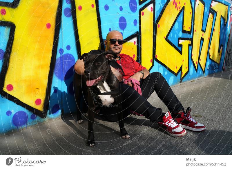 friendship Friendship Dog Colour photo yellow background Animal Human being Exterior shot Pet out street style Cool (slang) person chill Summertime Joy Man