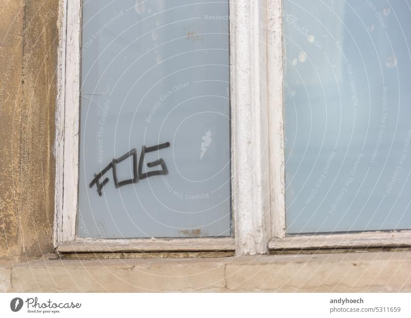 The word fog on frosted glass of an old window pane abstract air backdrop Background black blank blur copyspace darkness decoration dense dust effect foggy font
