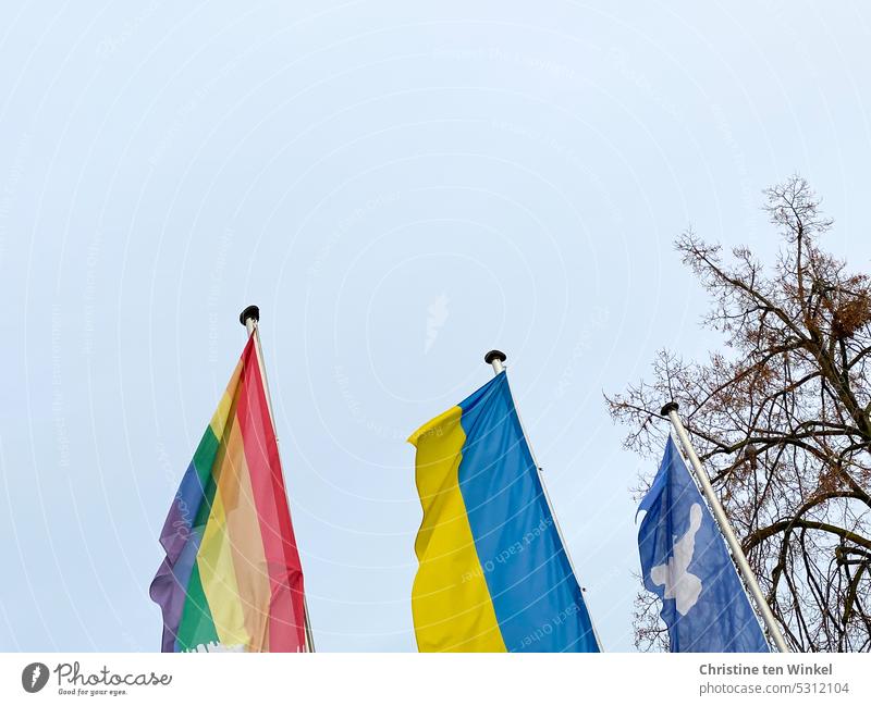 Rainbow / Ukraine / Dove of peace. Three flags against light blue sky Rainbow flag Ukraine flag Symbols and metaphors Peace Wish Solidarity Hope Homosexual LGBT