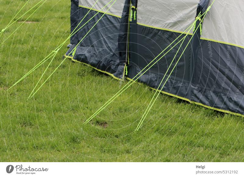 Close up, tent on a meadow with cords tied down Tent Camping Camping site Meadow camping holidays vacation Relaxation voyage Grass String fix connect