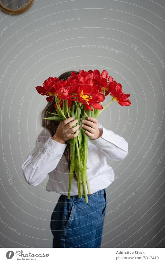 Unrecognizable woman standing with bouquet of amaryllis flowers flora plant blossom bloom stem concept floral delicate fresh red tender romantic young female
