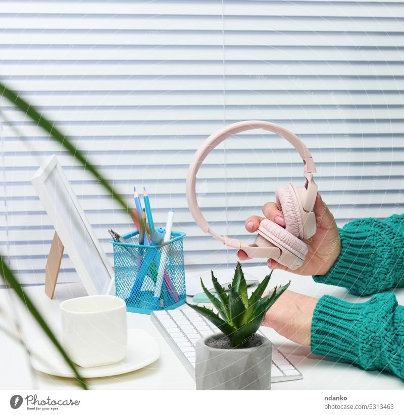 Female hands hold pink wireless headphones, a man sits at a table with a keyboard houseplant white green music working female computer woman laptop sitting