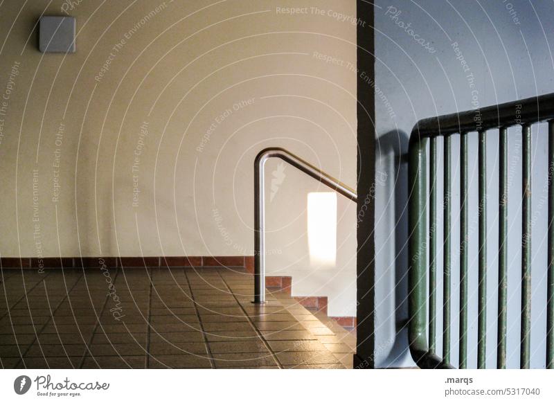 Staircase with light Stairs Banister rail Shaft of light Light (Natural Phenomenon) Wall (building) arrive Esthetic