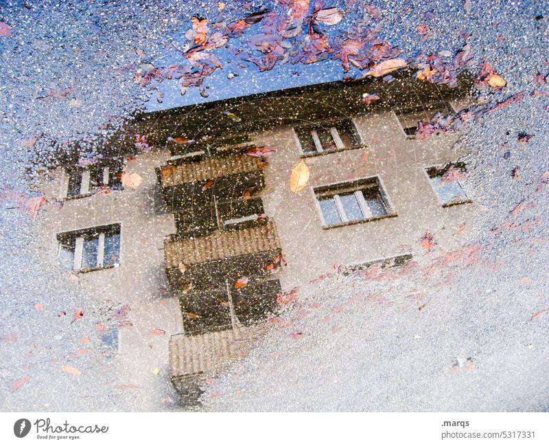 House in puddle Perspective House (Residential Structure) Reflection Apartment Building Puddle Wet dwell Gray Cloudless sky Leaf Water Window Balcony