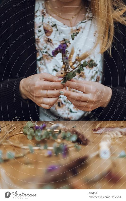 Woman tying wreath or bouquet with dried flowers Dried flowers Ostrich Wreath Bouquet of dried flowers Detail hands Hand Craft (trade) Nature Flower Bond