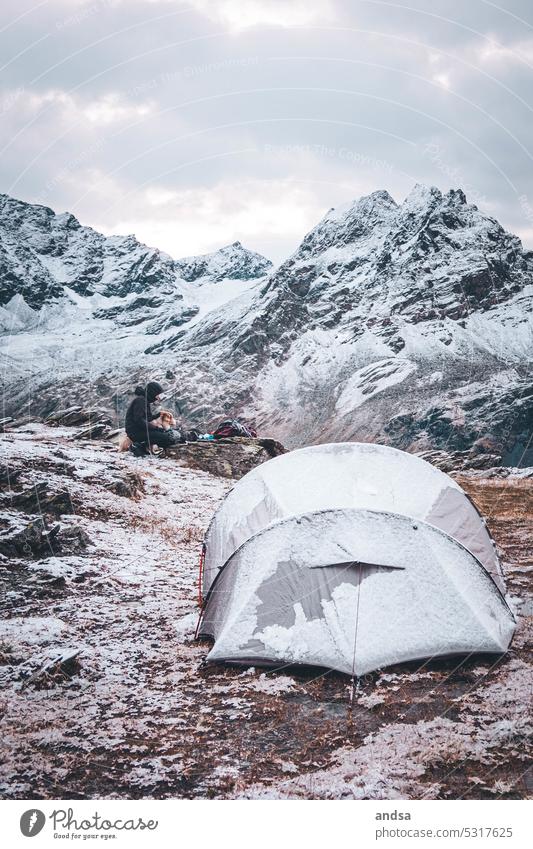 Camping in the snowy mountains while hiking Tent Snow Mountain Hiking Adventure Nature Exterior shot Freedom Peak Snowcapped peak Landscape Vacation & Travel