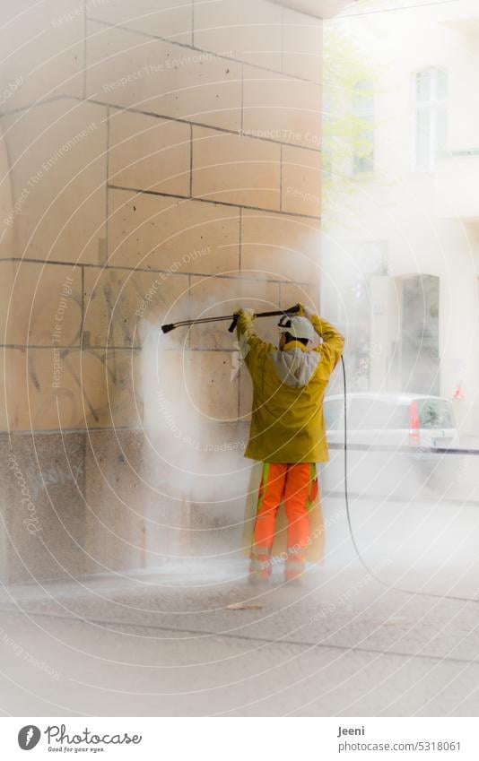 Cleaning sprayed walls Graffiti Wall (building) Town high pressure cleaners Daub Man city cleaning Water purge Wall (barrier) Drops of water Steam