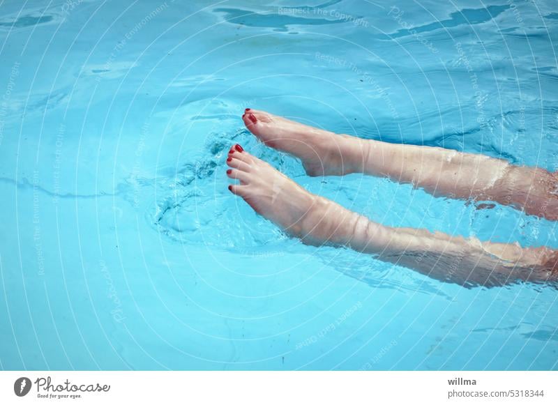 Legs in water, bathing fun bathe Water Summer feet be afloat vacation Relaxation Summer vacation Woman red toenails Nail polish pool swimming pool Blue Toes