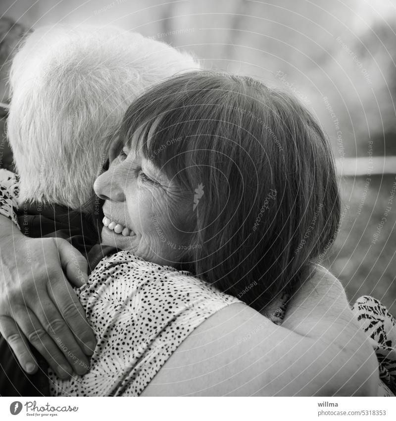 Reunion joy | Mainfux hug Welcome Goodbye Joy Human being Cordiality White-haired Brunette Woman Happiness Mother Daughter Friendship Sympathy Laughter