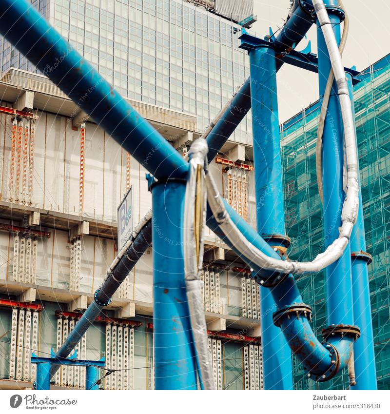 Abstract pattern of water pipes of a construction site in Berlin-Mitte Water Effluent reeds Construction site Middle Blue Pattern Alexanderplatz Build build