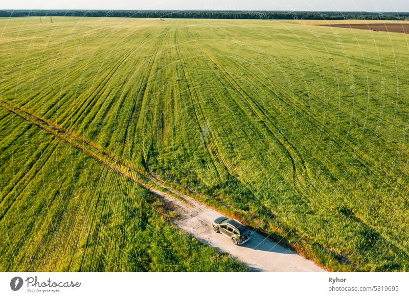 Aerial view of car SUV parked near countryside road in field rural landscape. Bird's-eye drone view of car SUV parked near countryside road in summer field rural landscape