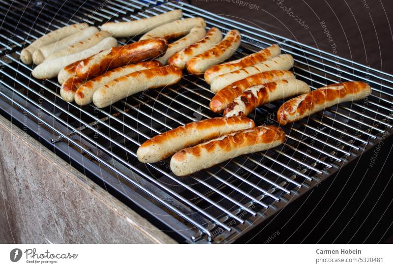 Sausages on a large grill grate Bratwurst Fried sausages Small sausage Barbecue (apparatus) Grill Roasted Bratwursts BBQ season Barbecue area Food Summer