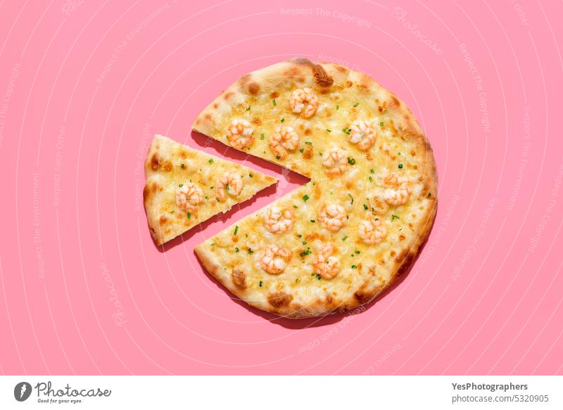 Homemade shrimp pizza isolated on a pink background. Sliced pizza top view above baked bright cheese color copy space crust cuisine delicious design diet dinner