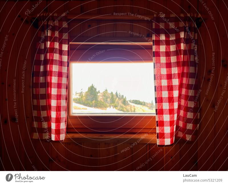 On the alp - windows with a view Window Ausblck curtains Alpine pasture in the mountains trees Checkered inside out Curtain Drape Light rest hiking break Hiking