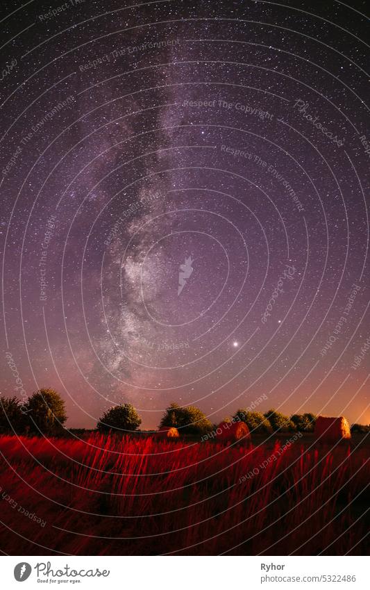 Traces Of Meteors On Night Sky. Natural Real Night Sky Stars With Milky Way Over Field Meadow After Harvest. Agricultural Colorful Background Copy Space rural