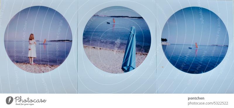 triptych. three polaroids at the sea. Ocean Slide Red Girl vacation Water Polaroid Sunshade Croatia travel Round round frame Frame
