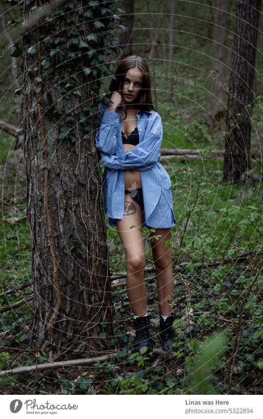 A gorgeous lingerie model in black underwear is leaning next to a tree. These woods are comfortable for a pretty inked girl. The feeling of freedom and joy is in the air.
