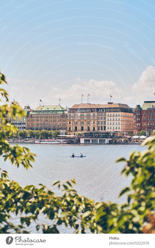 Two SUPers on the Binnenalster Hamburg Alster Water Exterior shot Town Sky Colour photo Tourism Downtown Tourist Attraction Port City Aquatics SEA