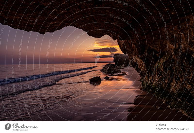 Sunset on Gale beach Portugal Beach gale travel Ocean Atlantic Ocean Rock Cave reflection Waves