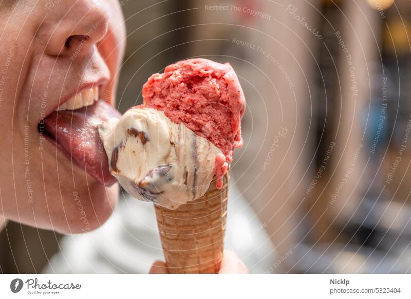 young attractive woman licking ice cream Ice Woman youthful Young woman Tongue pretty Summer Italian Tuscany Ice cream Strawberry ice cream Stracciatella Waffle