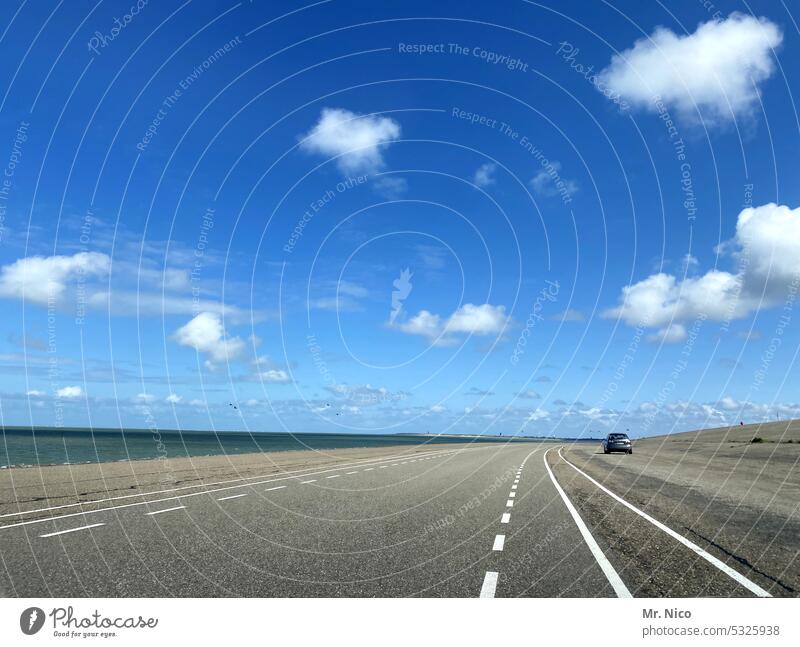 To the sea Coastal road Beautiful weather Summer Water coast Weather Vacation & Travel vacation North Sea Blue sky Sky Horizon Traffic infrastructure Line
