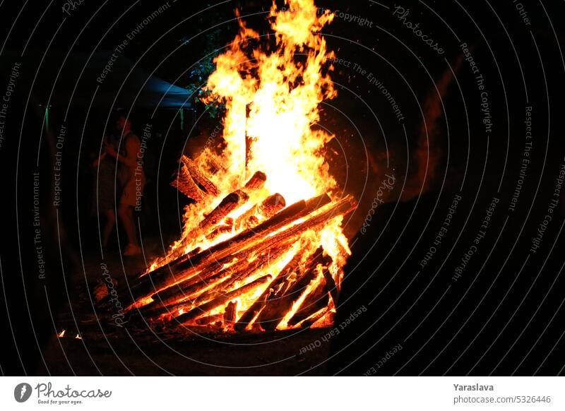photo of a fire burning in the woods flame warm fiery fireplace heat outside spark copy space night campfire camping dark firewood nature background forest