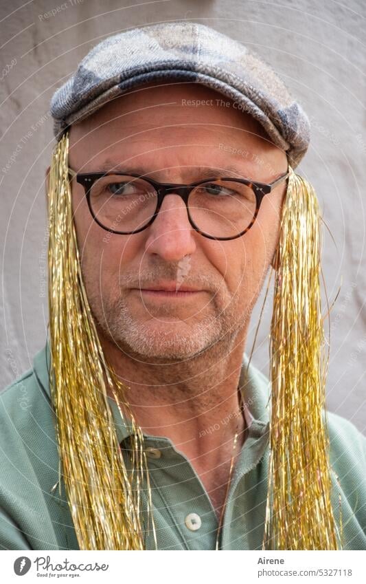 MainFux | fresh from the hairdresser portrait Man Looking Eyeglasses Face more adult eccentrically Earnest Demanding Cap Peaked cap Tinsel golden cute