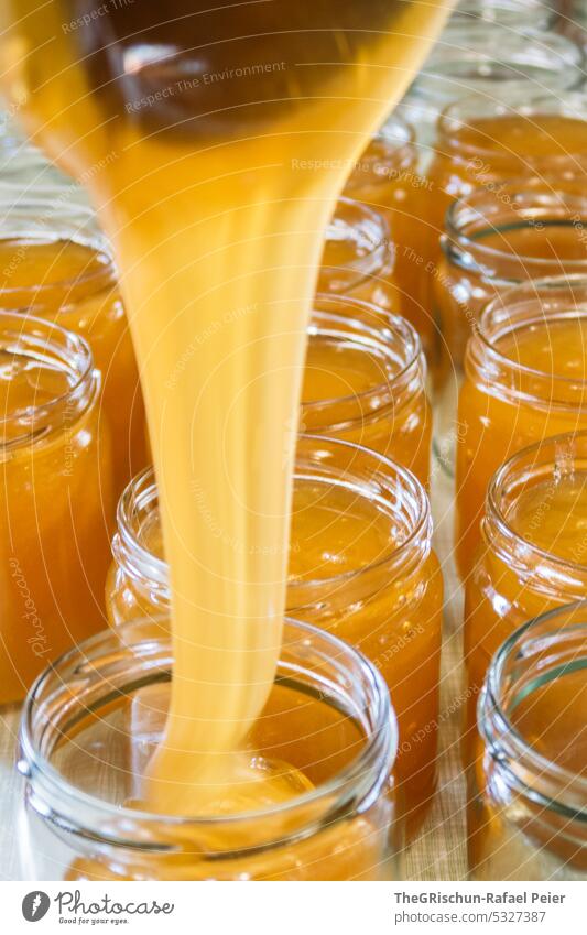 Honey is filled into jars Delicious beekeeping Glass honey jar Nature Honey bee Food Bee Bee-keeping Insect Healthy cute Sweet food Healthy Eating naturally