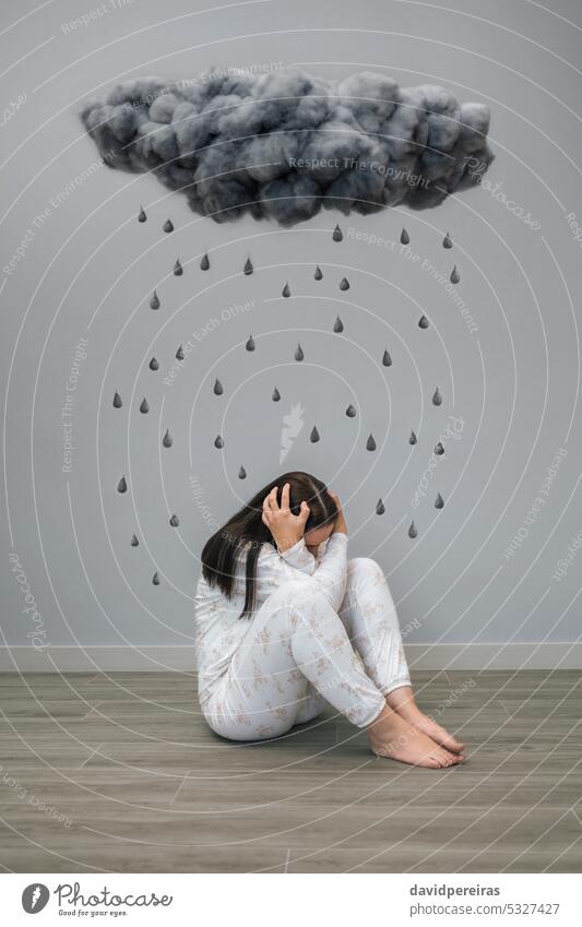 Woman with mental disorder and suicidal thoughts under a dark storm cloud and raindrops unrecognizable woman suicide female health depression problem pain