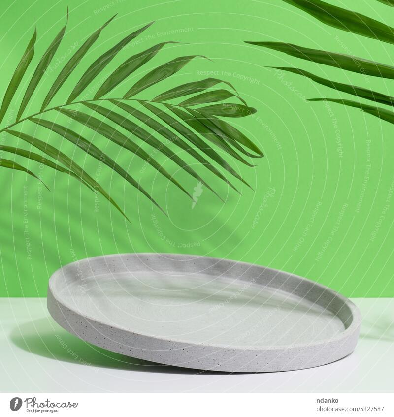 Gray empty decorative plate and green palm leaf on a green background, product and cosmetic display stage platform podium marketing modern nobody presentation