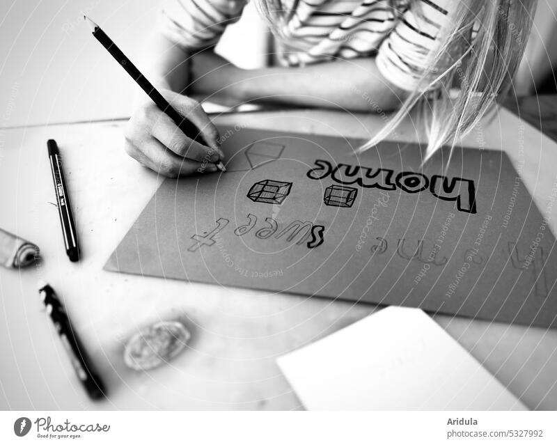 "home sweet home" | child sitting at table writing and drawing b/w No. 1 Child Draw Write Creativity pen Hand Piece of paper at home Paper Infancy Study