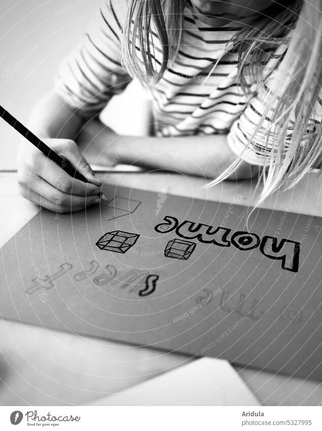 "home sweet home" | child sitting at table writing and drawing b/w No. 2 Child Draw Write Creativity pen Hand Piece of paper at home Paper Infancy Study