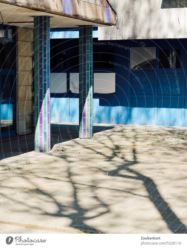 Shade of trees and branches in front of modern building with tiled columns and blue wall Shadow Tree finger Column tiles Wall (building) Blue Architecture