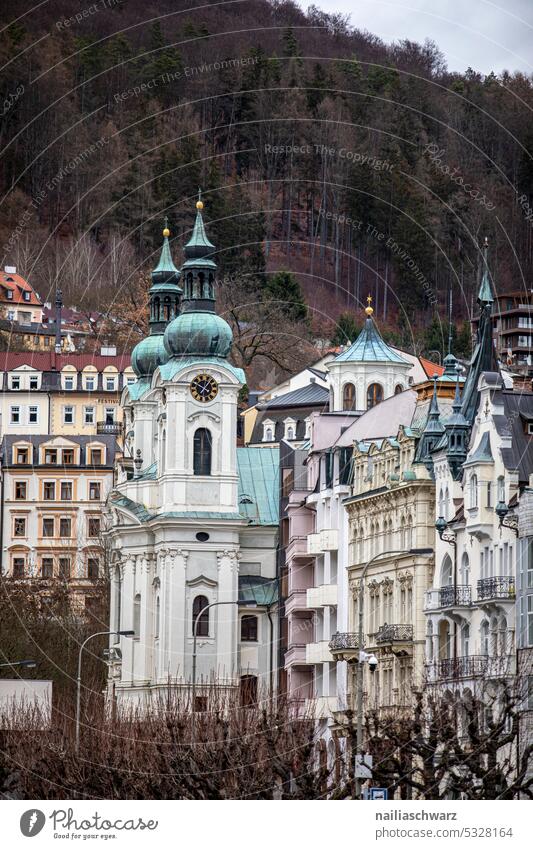 Carlsbad Central perspective Day Exterior shot Karlovy Vary Town Small Town Old town Downtown Life creatively Transience Church Facade Cladding Winter